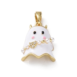White Rack Plating Brass Enamel Pendants, with Plastic Pearls and Cubic Zirconia, Golden, Ghost Charm, White, 17.5x13x6mm, Hole: 5×3mm
