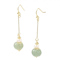 Real 14K Gold Plated Natural Pearl & Green Aventurine Beads Dangle Earrings, Brass Long Drop Earrings for Women, Real 14K Gold Plated, 52x10mm