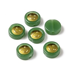 Green Transparent Spray Painted Glass Beads, with Golden Brass Findings, Flat Round with Smile, Green, 11.5x4mm, Hole: 1.2mm