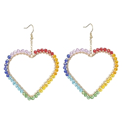Colorful Brass Heart with Glass Beaded Dangle Earrings, 304 Stainless Steel Long Drop Earrings, Colorful, 83x61mm