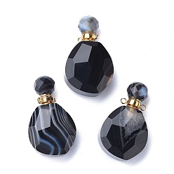 Golden Faceted Natural Black Onyx Pendants, Openable Perfume Bottle, with Brass Findings, Golden, 38~39x22.5~23x12.5~13mm, Hole: 1.8mm, Capacity: 1~2ml(0.03~0.06 fl. oz)