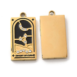 Black 304 Stainless Steel Pendants, with Enamel and Rhinestone, Golden, Rectangle with Tarot Pattern, Knight of Cups, Black, 21x10.5x2mm, Hole: 1.5mm