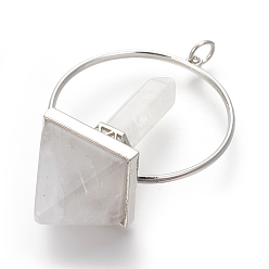 Cristal de Quartz Cristal de quartz naturel gros pendentifs, avec les accessoires en laiton de tonalité de platine, pyramide, 62~63x4.1x2mm, Trou: 5mm