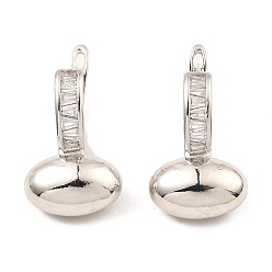Platinum Brass with Cubic Zirconia Hoop Earrings, Egg Shape, Platinum, 27x15mm