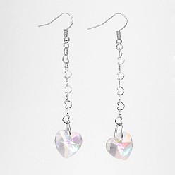 Clear Heart Glass Dangle Earrings, with 304 Stainless Steel Heart Link Chains & Brass Hooks, Clear, 75mm, Pin: 0.8mm