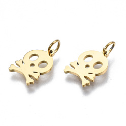 Real 14K Gold Plated 304 Stainless Steel Charms, with Jump Rings, Laser Cut, Skull, for Halloween, Real 14K Gold Plated, 11x8x1mm, Jump Ring: 3.8x0.6mm, 2.6mm inner diameter