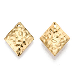 Real 18K Gold Plated Ion Plating(IP) 304 Stainless Steel Pendants, Textured, Rhombus Charm, Real 18K Gold Plated, 19x15x2.5mm, Hole: 1.2mm