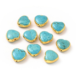 Turquoise Normal Cuentas de turquesa naturales, con oro chapado fornituras de latón, larga duración plateado, teñido, corazón, 14.5~15x15~15.5x6.5~7 mm, agujero: 0.9 mm