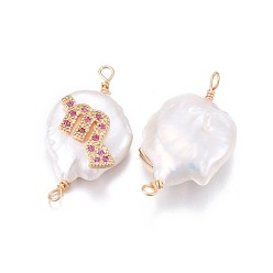 Scorpion Connecteurs de liens de perles naturelles, avec accessoires zircon cubique micro pave en laiton, plat rond avec constellation, or, fuchsia, Scorpion, 20~26x9~17x5~11mm, Trou: 1.6mm