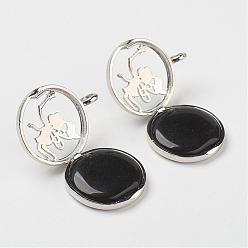 Black Agate Natural Black Agate Pendants, with Brass Diffuser Locket Findings, Flat Round with Angel, 31x26x8mm, Hole: 4mm