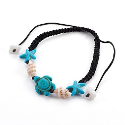 Mixed Material Adjustable Nylon Thread Braided Bead Bracelets, with Synthetic Turquoise(Dyed) Beads and Shell Beads, 2 inch~3-7/8 inch(5.2~10cm)