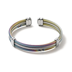 Rainbow Color Chapado en iones (ip) 304 brazalete abierto de acero inoxidable de triple capa con cuerda torcida para mujer, color del arco iris, diámetro interior: 2 pulgada (5 cm)