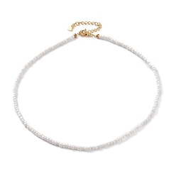 White Round Glass Seed Beaded Necklaces, with Brass Crimp Beads and 304 Stainless Steel Lobster Claw Clasps, Golden, White, 14-5/8 inch(37cm)
