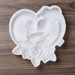 Blanco Corazón del Día de San Valentín con amantes y flores, decoración de pared diy, moldes de silicona, moldes de resina, para la fabricación artesanal de resina uv y resina epoxi, blanco, 160x150x21 mm