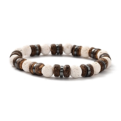 Lava Rock Natural Lava Rock(Dyed) Stretch Bracelets, with Natural Coconut Beads and Non-magnetic Synthetic Hematite Beads, Inner Diameter: 2-1/8 inch(5.5cm)