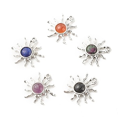 Mixed Stone Natural Gemstone Pendants, with Antique Silver Plated Alloy Findings, Sun, 25x26x4mm, Hole: 2mm