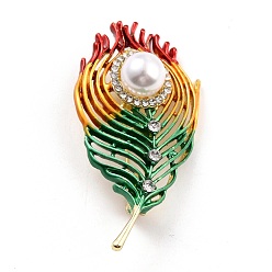 Colorido Broche de aleación de plumas con perla de resina, exquisito pin de solapa de diamantes de imitación para niña mujer, dorado, colorido, 57x29.5x12 mm, pin: 0.8 mm
