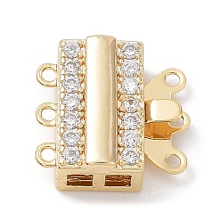 Real 18K Gold Plated Brass Micro Pave Clear Cubic Zirconia Box Clasps, 3-Strand, 6-Hole, Rectangle, Real 18K Gold Plated, 12x13x5mm, Hole: 1mm and 2x2mm