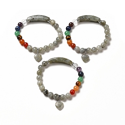 Labradorite Bracelet extensible en perles de labradorite naturelle et pierres précieuses mélangées avec breloque cœur pour femme, diamètre intérieur: 2-1/8 pouce (5.5 cm)