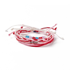 Red 4Pcs 4 Style Alloy & Glass Braided Bead Bracelets Set, Waxed Polyester Cord Adjustable Bracelets for Women, Red, Inner Diameter: 2~3-3/4 inch(5~9.6cm), 1Pc/style