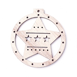 Bois Solide Gros pendentifs en bois non teint, plat et circulaire avec étoile, burlywood, 68.5x64x2.8mm, Trou: 2.5mm