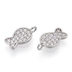 Real Platinum Plated Rhodium Plated 925 Sterling Silver Micro Pave Cubic Zirconia Charms, Fish Charms, Nickel Free, Real Platinum Plated, 11x6x1mm, Hole: 1.2mm