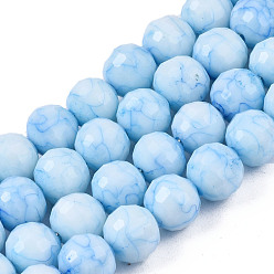 Light Sky Blue Opaque Baking Painted Crackle Glass Beads Strands, Round, Faceted, Light Sky Blue, 8x7.5mm, Hole: 0.8mm, about 60pcs/strand, 17.32~17.72 inch(44~45cm)