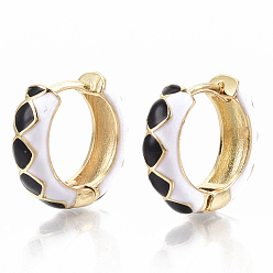 Black Brass Huggie Hoop Earrings, with Two Tone Enamel, Real 18K Gold Plated, Rhombus Pattern, Black, 15.5x16.5x5mm, Pin: 1x1mm