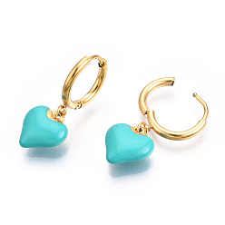 Dark Turquoise Enamel Heart Dangle Hoop Earrings, Real 18K Gold Plated 304 Stainless Steel Jewelry for Women, Nickel Free, Dark Turquoise, 28x11.5mm, Pin: 1mm