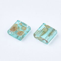 Dark Turquoise 2-Hole Transparent Glass Seed Beads, Antique Style, Rectangle, Dark Turquoise, 5x4.5~5.5x2~2.5mm, Hole: 0.5~0.8mm