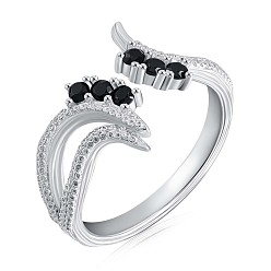 Black Rhodium Plated 925 Sterling Silver Phoenix Open Cuff Ring Cubic Zirconia for Women, Black, US Size 6 1/2(16.9mm)
