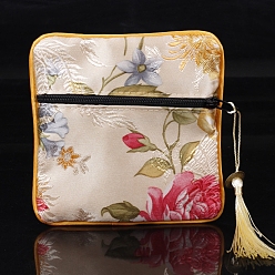 Античный Белый Квадратные тканевые сумки с кисточками в китайском стиле, с застежкой-молнией, Для браслетов, Ожерелье, старинный белый, 11.5x11.5 см