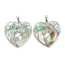Paua Shell Natural Paua Shell Pendants, with Platinum Plated Brass Findings, Heart, 34.5x35x2.5~3mm, Hole: 8x5mm