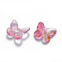Hot Pink Two Tone Transparent Spray Painted Glass Charms, with Glitter Powder, Butterfly, Hot Pink, 9.5x11x3mm, Hole: 0.8mm