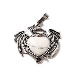 Howlite Natural Howlite Heart Pendants, Dragon Charms, with Rack Plating Antique Silver Plated Brass Findings, Lead Free & Cadmium Free, 33x33.5~34x7~7.5mm, Hole: 8x5mm