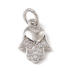 Platinum Brass Micro Pave Cubic Zirconia Charm, with Jump Rings, Hamsa Hand with Heart Charm, Platinum, 12x8x2.5mm, Hole: 2.7mm