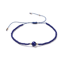 Lapis Lazuli Nylon Thread Braided Beads Bracelets, with Seed Beads and Natural Lapis Lazuli(Dyed), 1-3/4 inch~3-1/8 inch(4.5~8cm)