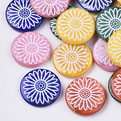 Mixed Color Spray Paint Freshwater Shell Beads, Printed, Flat Round with Daisy Flower, Mixed Color, 20x4mm, Hole: 0.8mm