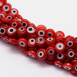 Красный Ручной сглаза Lampwork плоские круглые пряди шарик, красные, 8x3.2 мм, отверстие : 1 мм, около 49 шт / нитка, 14.56 дюйм