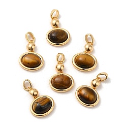 Real 18K Gold Plated Natural Tiger Eye Pendants, Brass Oval Charms, Real 18K Gold Plated, 18x13x6mm, Hole: 4.5x3mm