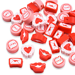 Red Handmade Polymer Clay Beads, Flat Round with Word Love & Heart, Mouth and Letter, Red, 5.5~9.5x9~11x4~5mm, Hole: 1.6mm