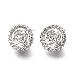 Real Platinum Plated Flat Round with Flower Pattern Brass Stud Earring Findings, with Vertical Loops, Nickel Free, Real Platinum Plated, 18mm, Hole: 1.6mm, Pin: 0.7mm
