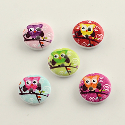 Mixed Color 2-Hole Owl Pattern Printed Wooden Buttons, Flat Round, Mixed Color, 15x4mm, Hole: 2mm