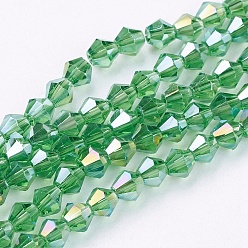 Verde Lima Abalorios de vidrio, color de ab chapado, facetados, bicono, verde lima, 4x4 mm, agujero: 1 mm, sobre 92~96 unidades / cadena, 13.78~14.37 pulgada