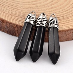 Obsidian Bullet Natural Obsidian Pendants, with Platinum Tone Alloy Findings, 33~40x8~10mm, Hole: 3x2mm