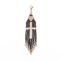 Black Cross Pattern Glass Seed Beaded Tassel Pendant Decorations, with 304 Stainless Steel Lobster Claw Clasps, Black, 96mm