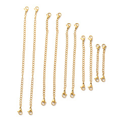 Real 18K Gold Plated 10Pcs 5 Size Ion Plating(IP) 304 Stainless Steel Chain Extender, End Chains with Lobster Claw Clasp, Real 18K Gold Plated, 55~152mm, 2Pcs/size