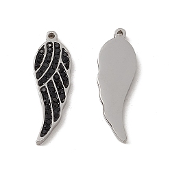 Stainless Steel Color 201 Stainless Steel Pendants, Jet Rhinestone Wing Charms, Stainless Steel Color, 22.5x7x2mm, Hole: 1mm
