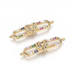 Golden Brass Micro Pave Cubic Zirconia Links, Oval with Heart, Colorful, Golden, 35x8.5x3mm, Hole: 1.2mm