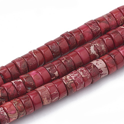 Rouge Brins de perles de jaspe impérial synthétiques, perles heishi, Plat rond / disque, rouge, 6~6.5x3~3.5mm, Trou: 1mm, Environ 113 pcs/chapelet, 15.5 pouce